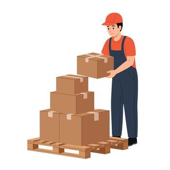 Delivery Worker Stacking Boxes on Pallet for Shipping vector