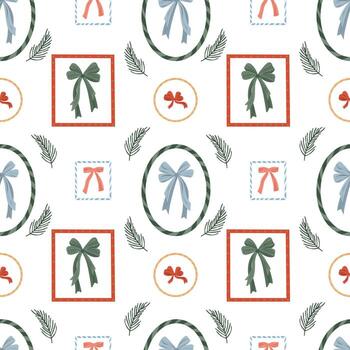 Navidad labor de retazos sin costura modelo. linda fiesta enmarcado repetir antecedentes. arco, abeto ramita. geométrico elementos, fronteras, marcos vector