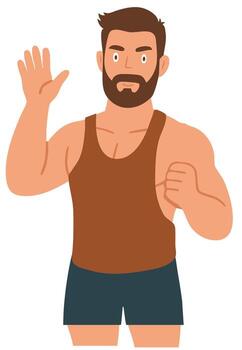 Shirtless man with beard waving hand smiling confidently at viewer vector