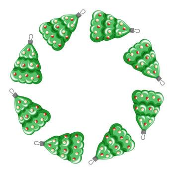 Christmas tree toy ornament in a circular wreath pattern on a white background in cartoon style. vector