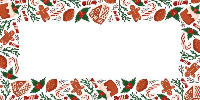 Christmas border frame with gingerbread man, house, candy cane, pinecone, holly cake and evergreen branch on white background with large empty center space. vector