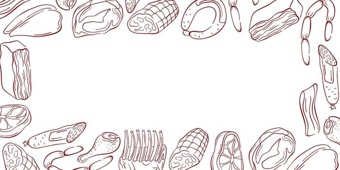 Border frame with meat cuts in line art style. Ideal for butcher shop design, culinary menu, recipe book or background in food related illustration. vector