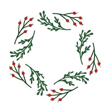 Christmas wreath with green branch and red berry forming a festive circular frame on a white background in flat style. vector
