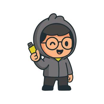 linda hacker chibi con USB dibujos animados ilustración. ciber seguridad hacker personaje participación flashdisk ilustración. programador hacker mascota con capucha y USB dibujos animados diseño. vector