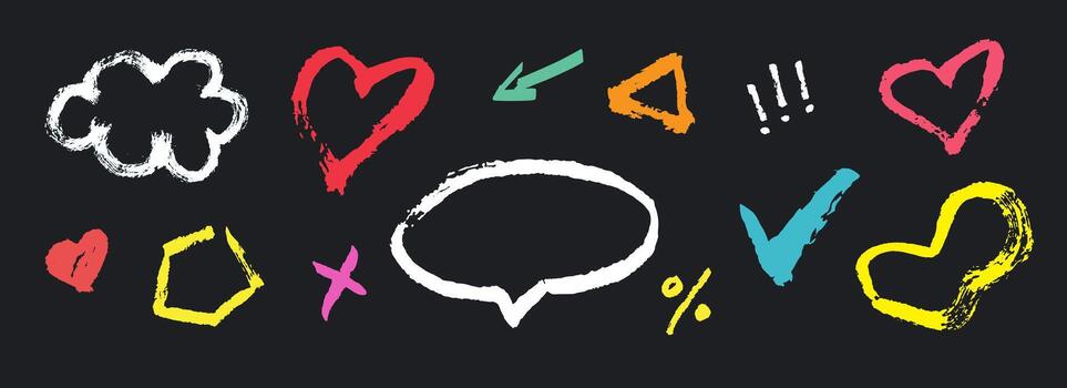 Set of rough hand drawn shapes. Hearts, clouds, arrow, triangle, speech bubble and more. Grunge crayon doodle with uneven texture. Perfect for handmade graphic design vector