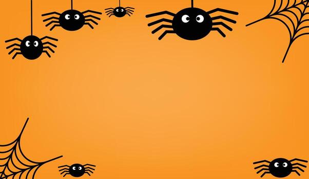 un misterioso naranja fondo es adornado con un colección de dibujos animados arañas y telarañas, Perfecto para agregando un escalofriante atmósfera. vector