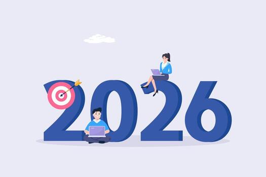 Modern flat illustration of 2026 typography with people characters, teamwork concepts, and business target ideas. vector