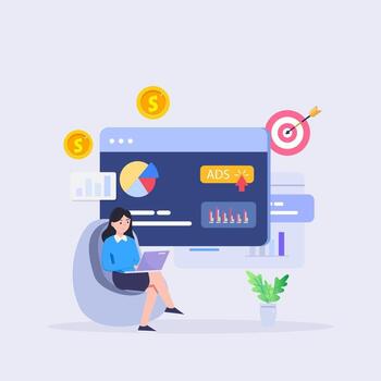 concept of Pay per click, PPC, paid advertising campaign displays ads on websites that generate revenue for publishers, Advertising or advertising, Promoting a brand to an audience, vector