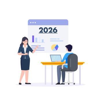 Concept for 2026 New Year business goals. Teamwork for success and achieving targets. Dart hits the bullseye. Metaphor for strategy, planning, development, vector