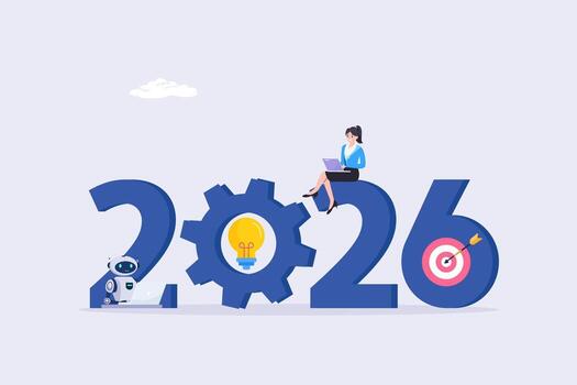 Concept for 2026 New Year business goals. Teamwork for success and achieving targets. Dart hits the bullseye. Metaphor for strategy, planning, development vector