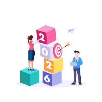 Concept for 2026 New Year business goals. Teamwork for success and achieving targets. Dart hits the bullseye. Metaphor for strategy, planning, development, and leadership. vector