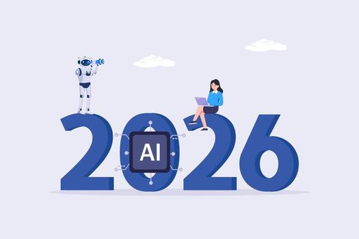 artificial inteligencia en 2026. un robot y un mujer de negocios utilizar ai a analizar datos y plan para futuro éxito en el año 2026 vector