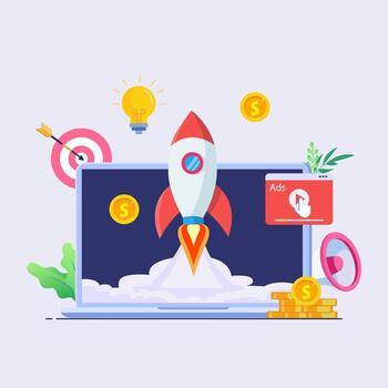 concept of Pay per click, PPC, paid advertising campaign displays ads on websites that generate revenue for publishers, A Promoting a brand to an audience, vector