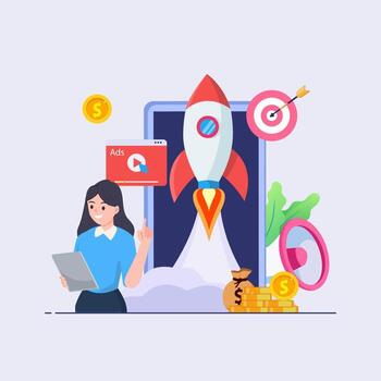 concept of Pay per click, PPC, paid advertising campaign displays ads on websites that generate revenue for publishers, Advertising or advertising, Promoting a brand to an audience vector