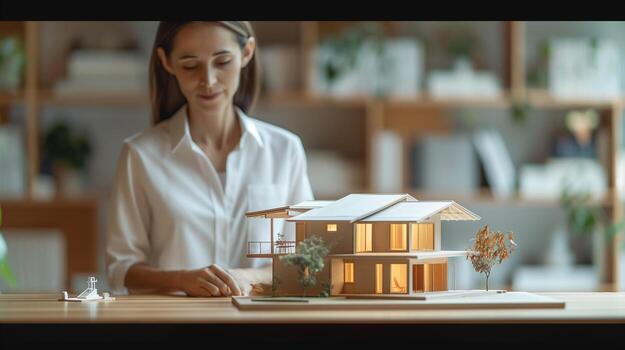 Female architect examining a detailed architectural model of a modern house, showcasing design elements and natural surroundings, emphasizing creativity and innovation in architecture photo