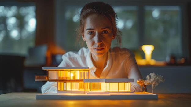 Female architect presenting a detailed architectural model of a modern house with illuminated features, showcasing innovative design and creativity in a professional workspace environment photo