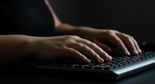 Close up of hands typing on a computer keyboard in low light. photo