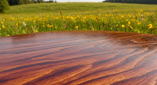 Wooden surface with a blurred green field background, creating depth. photo