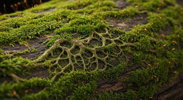Mossy Log with Intricate Root Pattern in a Forest Setting. photo