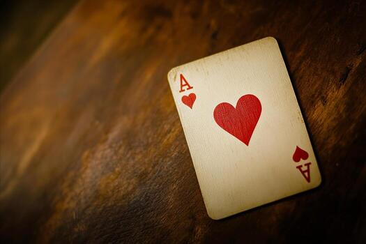 Close-up of an Ace of Hearts Playing Card on a Wooden Surface photo
