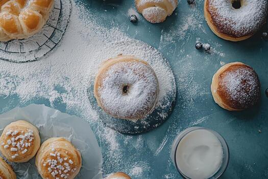 gastos generales ver de delicioso pasteles y en polvo azúcar en verde azulado superficie foto