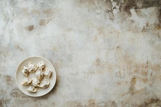 Overhead View of Dumplings on a Plate Against Textured Background photo
