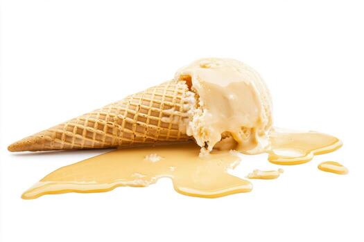 Melted Vanilla Ice Cream Cone on White Background photo
