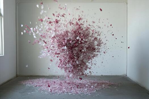 Exploding Cloud of Pink and White Paper Fragments in a Room photo