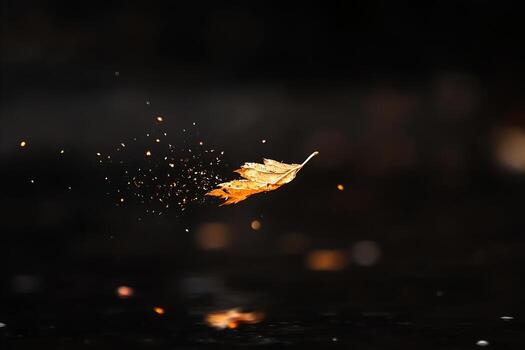 dorado otoño hoja flotante con espumoso polvo en oscuro reflexivo foto