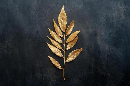 Gilded Ash Leaf on Textured Dark Background, Elegant Botanical S photo