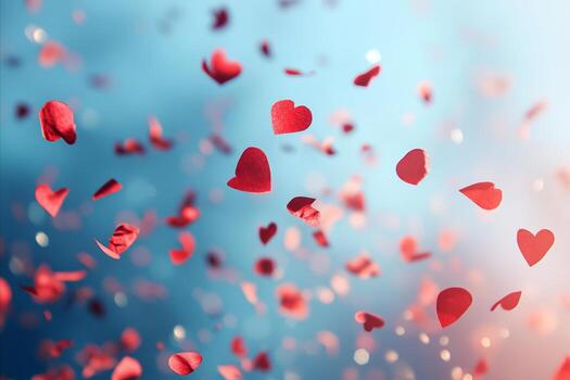 Floating Red Heart Petals Against a Gradient Blue and Pink Backg photo
