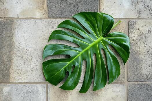 Glossy Monstera Leaf Displayed on Textured Concrete Block Wall photo