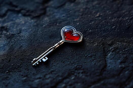 Heart Shaped Gemstone Key on Dark Textured Surface, Symbolizing photo