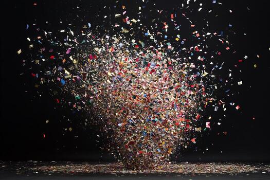 Exploding confetti cloud against black backdrop, celebration bur photo
