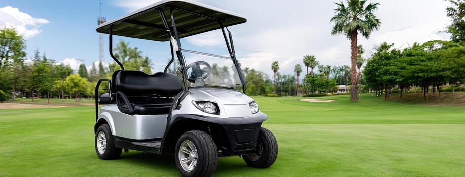 Golf cart parked on a green fairway under a clear sky with palm trees in the background during a sunny day at the golf course photo