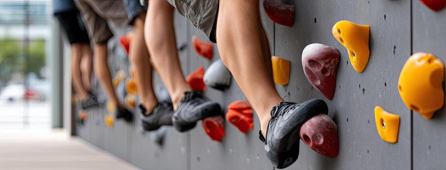 Climbers practice at an indoor bouldering gym with colorful handholds and a modern design during an afternoon session photo