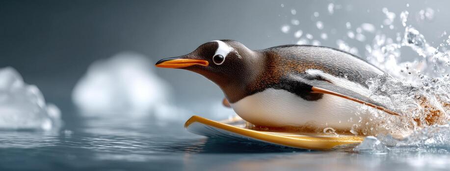 Penguin glides on a yellow sled through icy waters, creating splashes under a bright sky in a lively winter scene photo