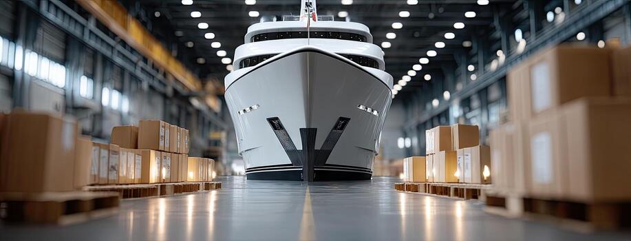 Large cargo ship docked in a spacious warehouse with stacked boxes awaiting shipment in a busy logistics center photo