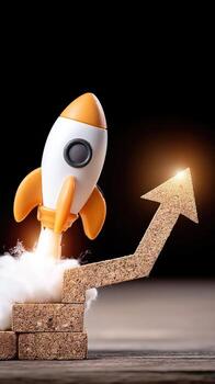 Rocket toy launches upward with cork blocks showing growth, symbolizing progress and innovation in a modern setting photo