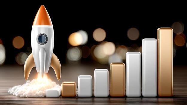 Rocket launching while bar charts show growth and an upward trend at night with a glowing background photo