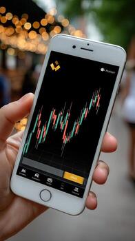 Traders analyze market trends on mobile device while walking through busy city street during daytime hours photo