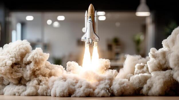 Space shuttle model launches against a cloud of smoke in a modern indoor setting during daylight hours photo