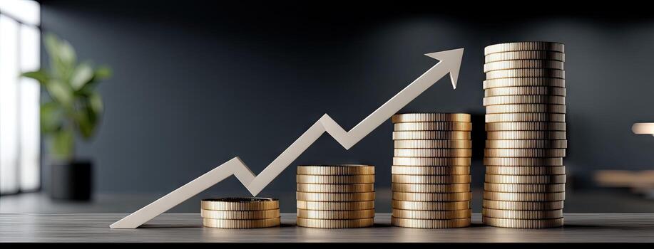 Rising financial growth represented by stacks of coins and an upward arrow in a modern office setting photo