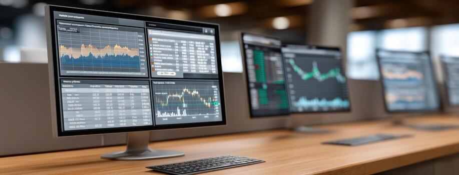 Stock market analysis in a modern office setting with multiple screens showing market data and trends photo