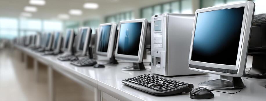 Line of computer workstations in a bright, modern office setting during the day, equipped with monitors and keyboards photo