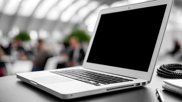 Laptop on a table in a modern workspace filled with people collaborating during a productive day photo