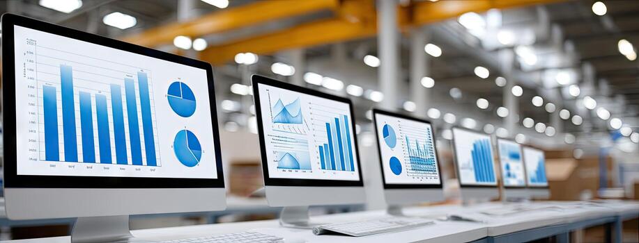 Charts and graphs displayed on multiple computer screens in a modern warehouse setting during the daytime photo