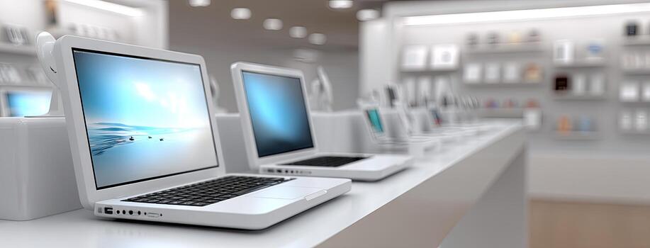Display of modern laptops in a tech store showcasing sleek designs and innovative features photo