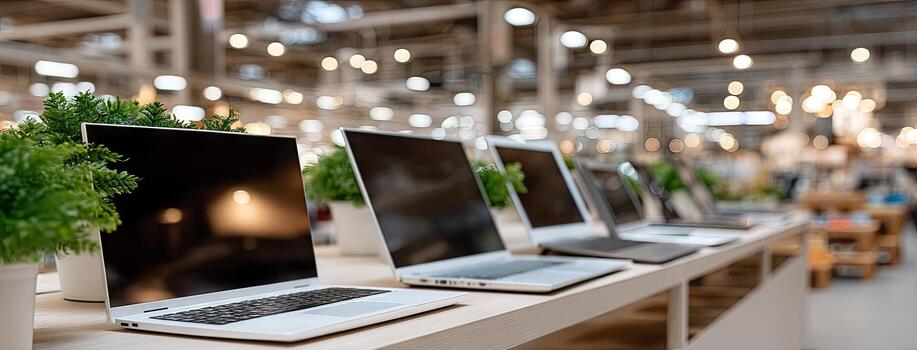 Laptops displayed on a table in a modern retail store with plants and warm lighting during the daytime photo