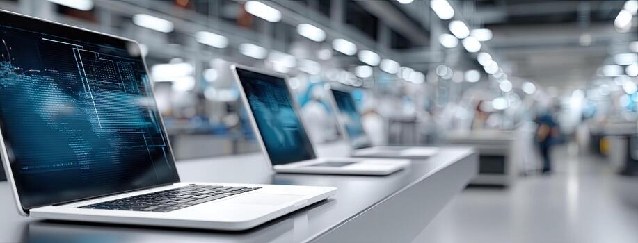 moderno espacio de trabajo presentando múltiple laptops con digital pantallas en un ocupado tecnología fabricación instalaciones durante tiempo de día horas foto